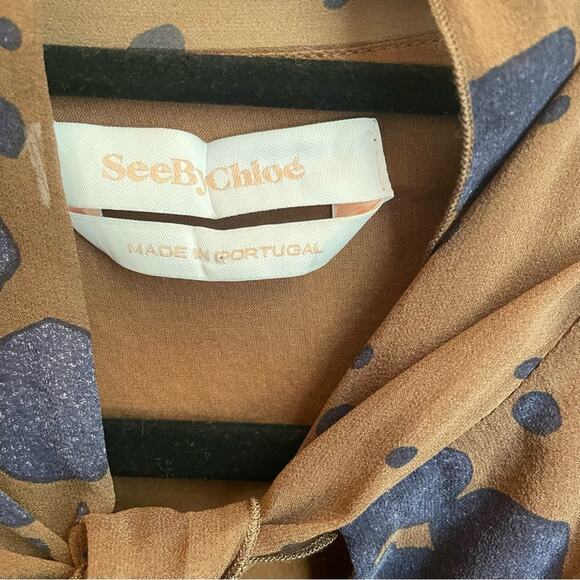 See by Chloe brown navy floral print tie neckline dress SIZE 36, 2-4 - Picture 5 of 7